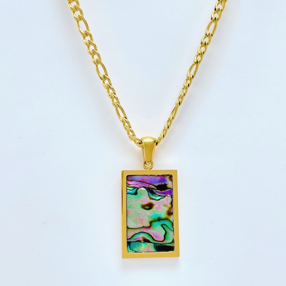 Abalone Paua Rectangle Pendant Figaro Chain 18K Real Gold Plated Necklace